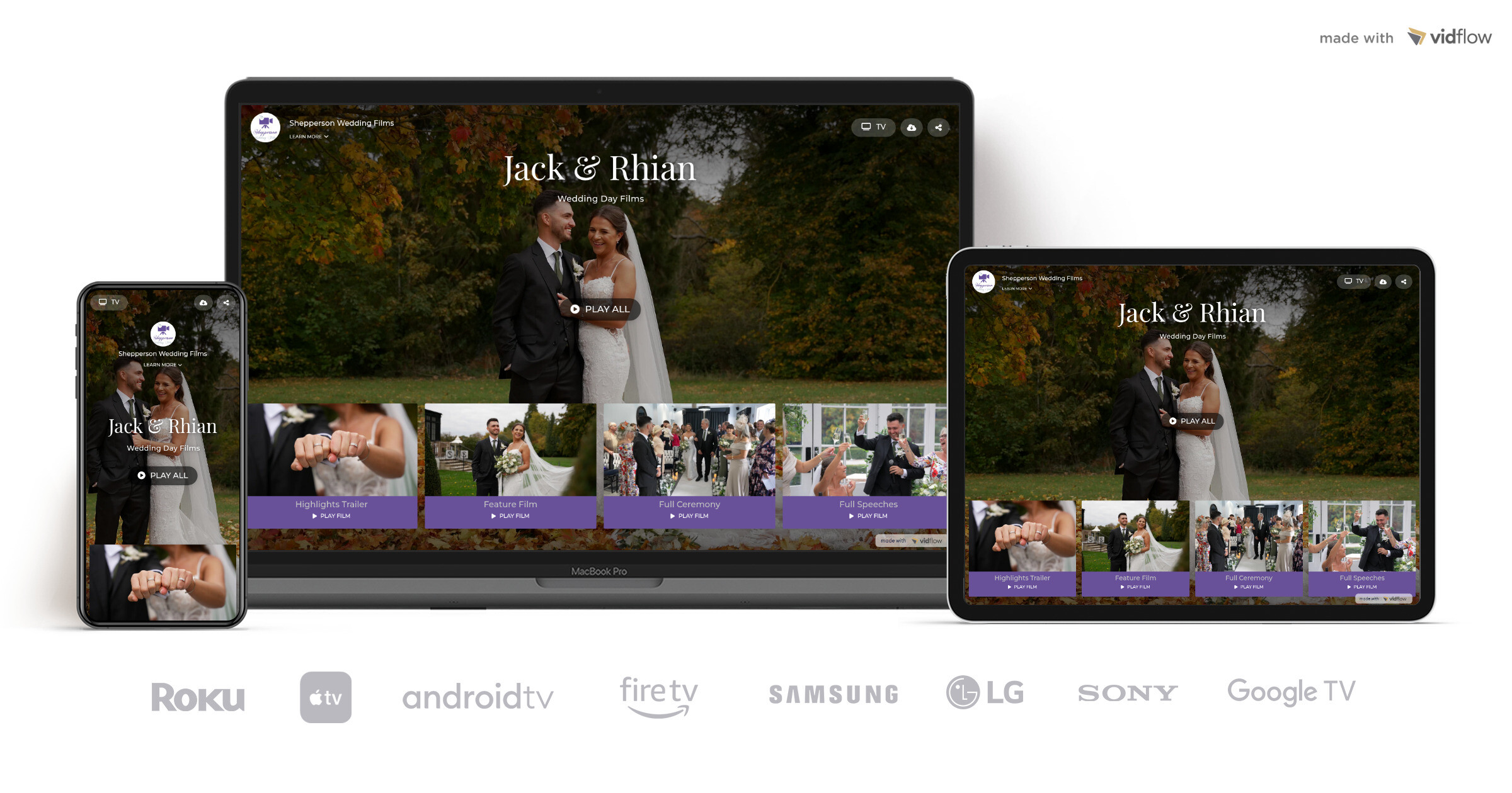 Shepperson Wedding Films online gallery displayed on a laptop, tablet and mobile, with menus for highlights, feature film, ceremony and speeches.